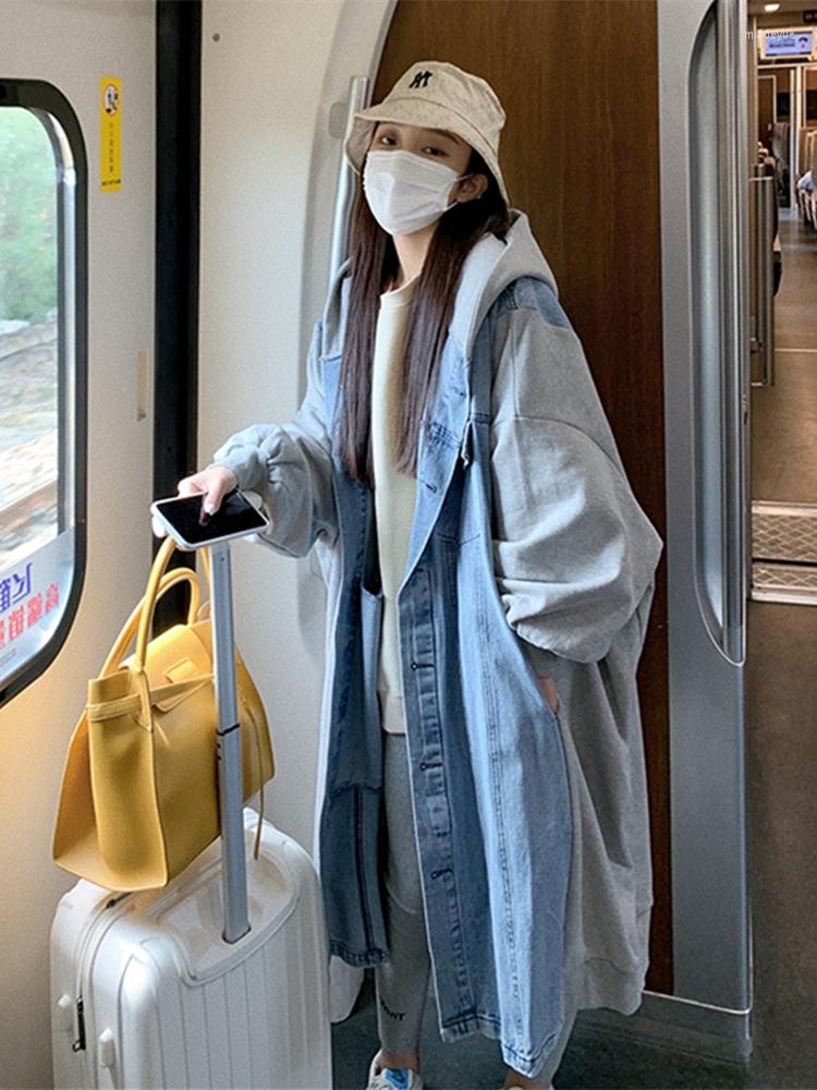 

Women' Wool Women Spring Hooded Jean Patchwork Long Coat Female Fashion Loose Denim Jacket Casual Outwear Clothes, The picture color