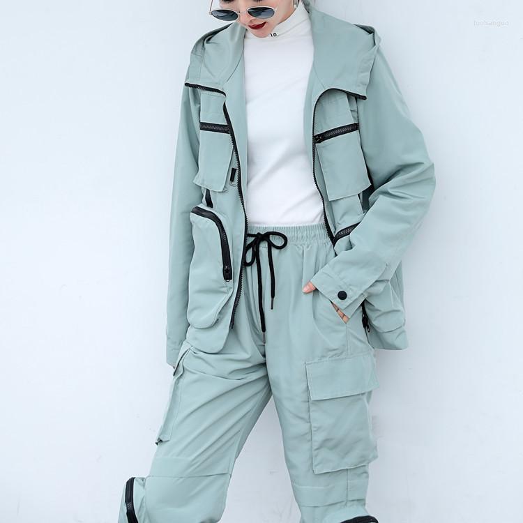 

Women' Two Piece Pants Women Set Autumn Safari Style Fashion Many Pockets Detachable Sleeve Hooded Elastic Waist Clothes Euro-America, Green gray