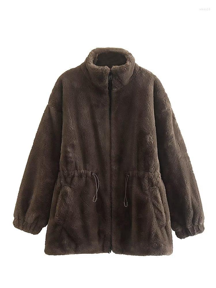 

Women's Fur ZXQJ Women 2022 Fashion Faux Warm Jacket Vintage Long Sleeve Side Pocket Hem Elastic Outerwear Streetwear, Picture shown