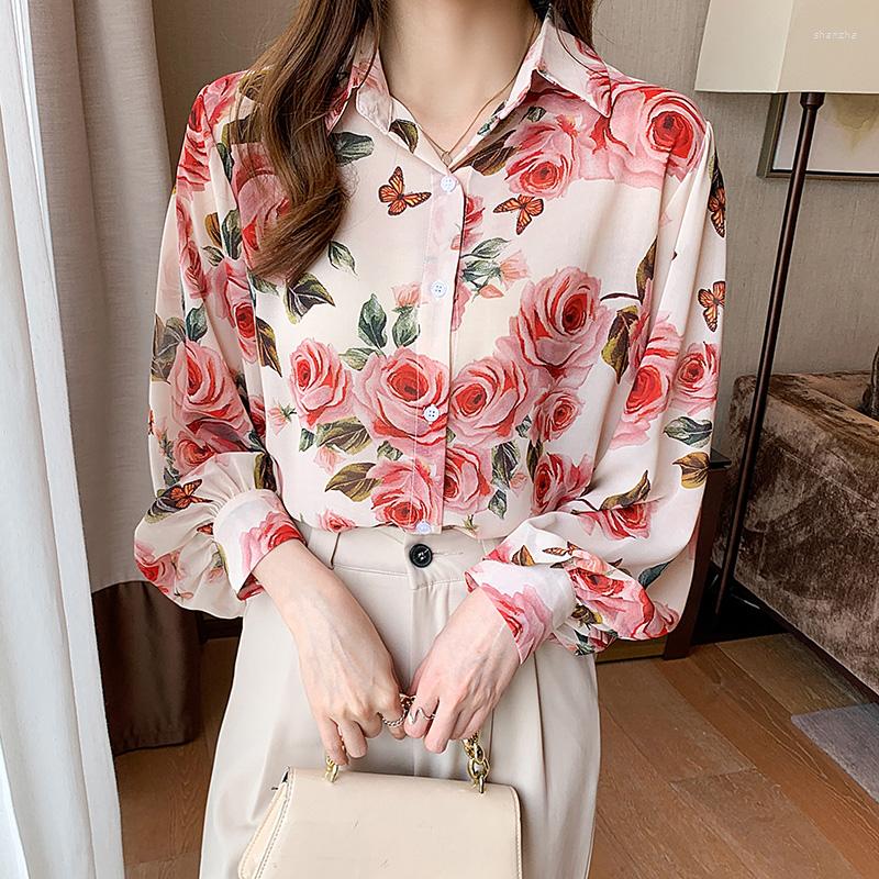 

Women' Blouses Chic Ladies Chiffon Shirts Fashion Printing Women 2022 Spring Autumn Causal Long Sleeve Mujer Blusas, Red
