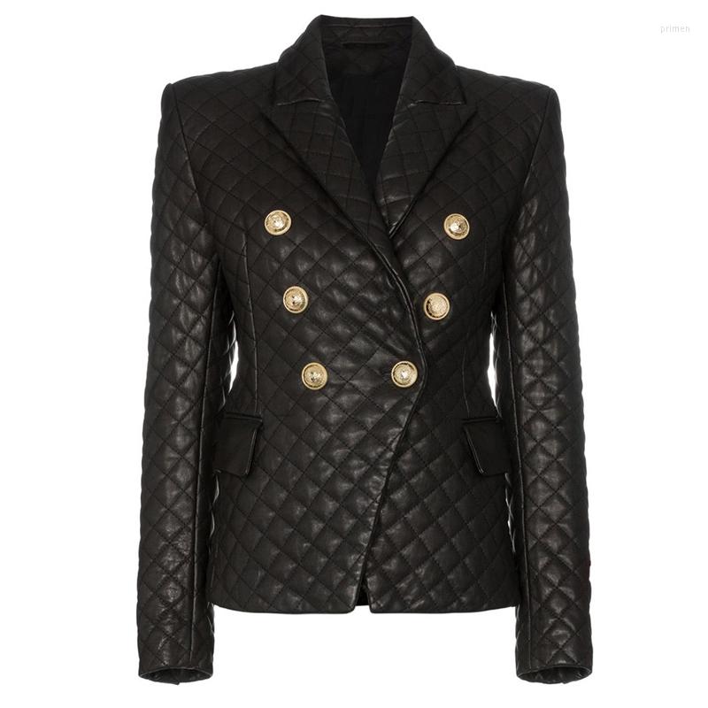 

Women' Suits HIGH QUALITY 2022 Stylish Designer Blazer Women' Lion Buttons Grid Cotton Padded Slim Fitting Synthetic Leather Jacket, Picture shown
