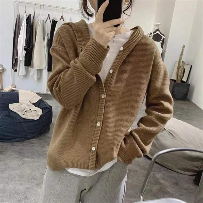 

Women's Knits Hooded Knitted Sweaters Cardigans Chic Single Breasted Women Long Sleeve Thicken Loose Korean Casual Autumn Winter Harajuku, Black
