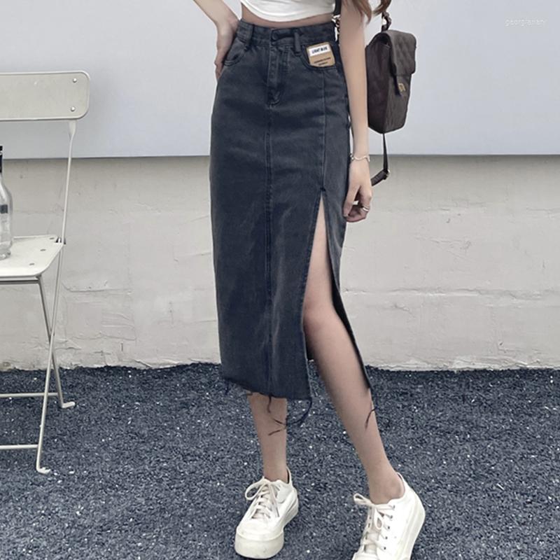 

Skirts Flectit Midi Denim Skirt With High Slit For Women Summer Jean Ladies Korean Fashion, Black grey