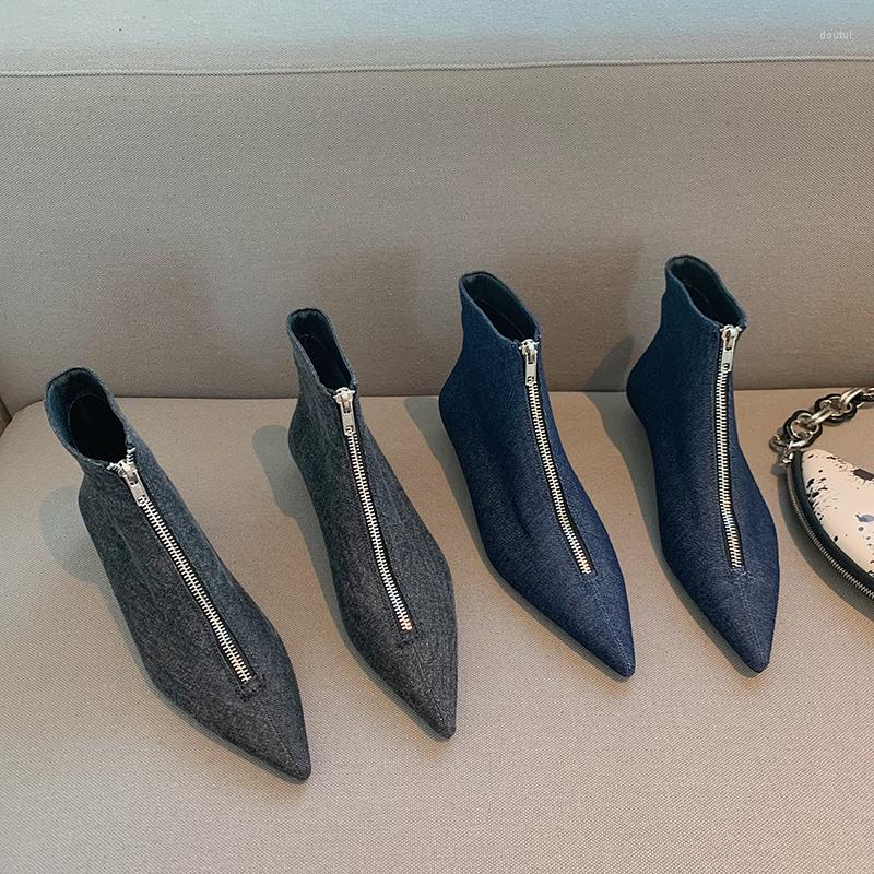 

Boots Denim Women Ankle Pointed Toe Black Blue Dress Shoes Thin Low Heels 2022 Arrivals Front Zipper Autumn Winter Booties