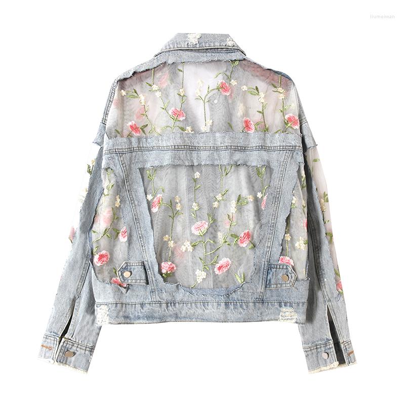 

Women' Jackets 2022 Women Spring Summer Jeans Jacket Full Sleeves Denim Patchwork Lace Hollow Out Embroidery Single Breasted Loose Coat, Blue