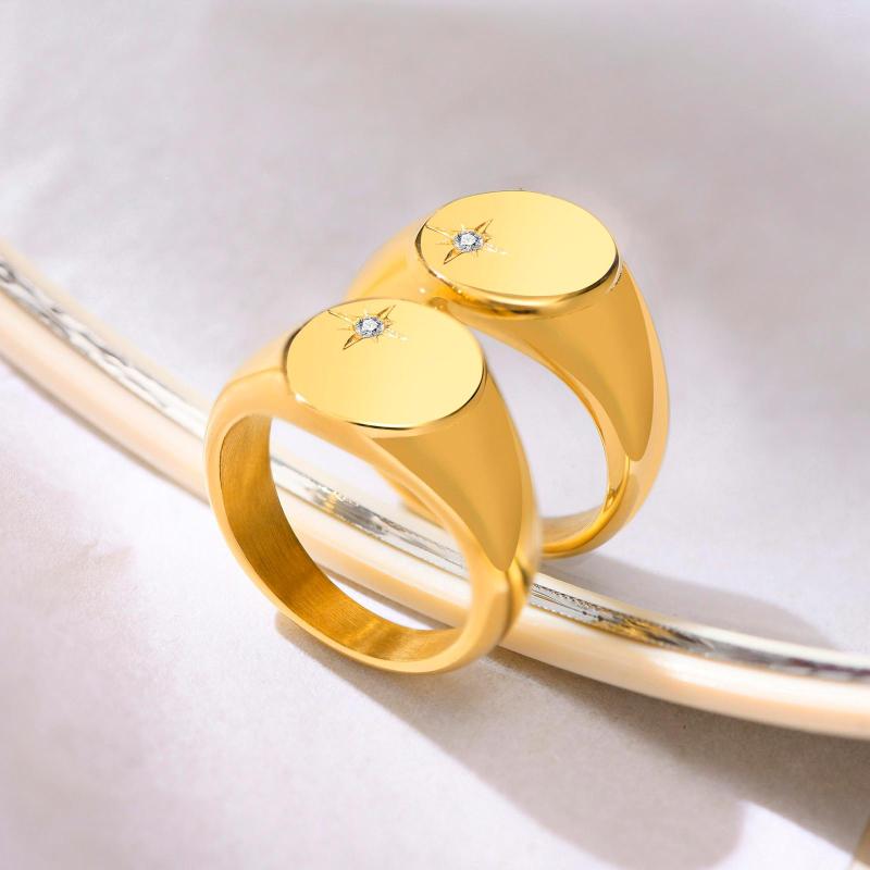 

Cluster Rings North Star Signet Ring For Women Stainless Gold Color CZ Pinky RingCluster