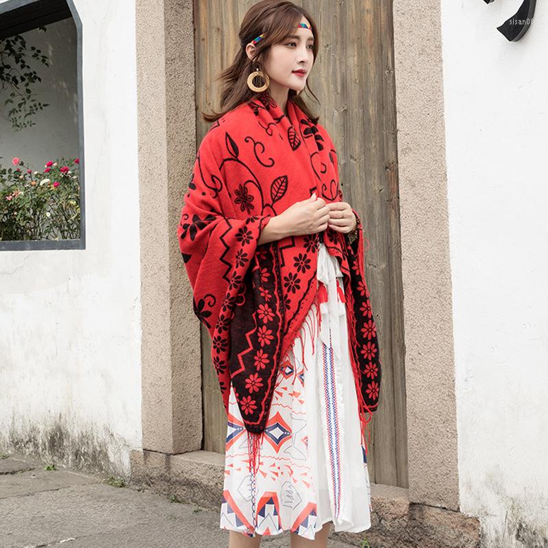 

Scarves Black/Red Flower Winter Cashmere Women Scarf Female Lady Tassel Bandana Solid Shawl Wraps Foulard Pashmina Ponchos