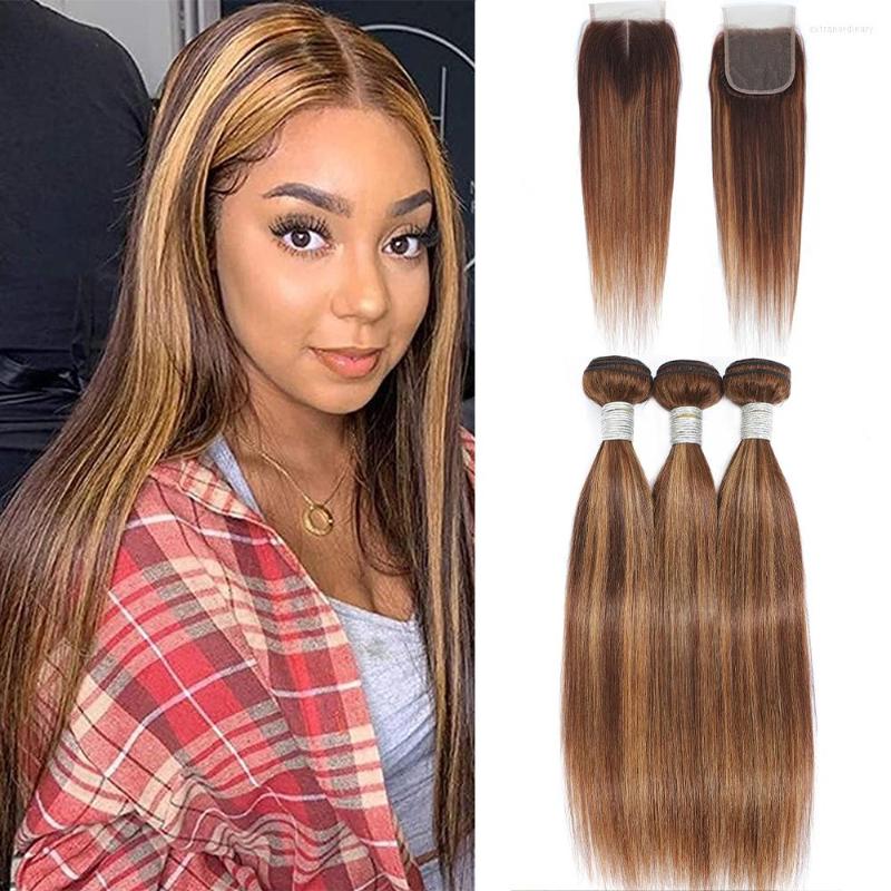 

Human Hair Bulks Omber Highlight Bone Straight 3 Bundles With Closure HD Transparent Lace Brown Wave Remy