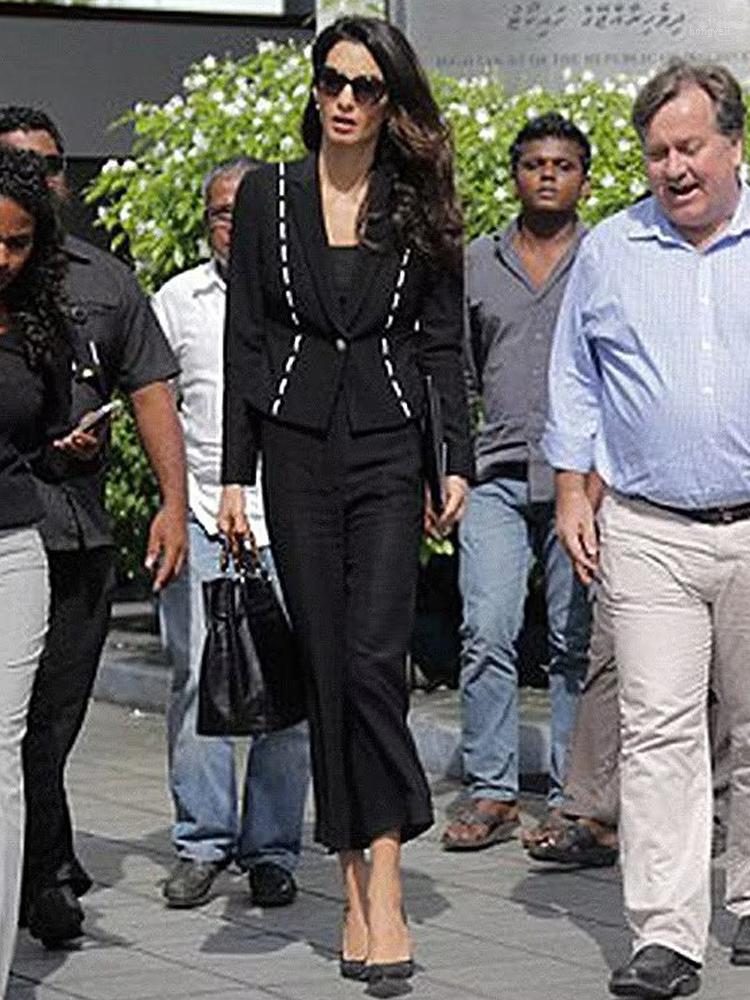 

Women' Two Piece Pants Designer Spring Autumn Black Jacket Tops Slim Elegant Vintage Chic High Quality Fashion Casual Office Women