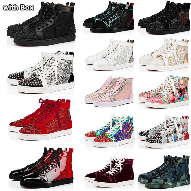 

Luxury Dress Shoes Mens Womens Designer Shoe Bottoms High Tops Studded Spikes Fashion Suede Leather Black Silver Flat Shoe for Party Wedding, Item#5