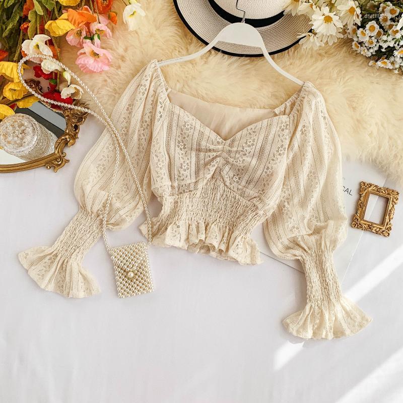 

Women's Blouses Autumn 2022 Korean Sweet Girl Short Fresh Lace Lantern Sleeve Top Fashion Blouse Womens Clothing, Black