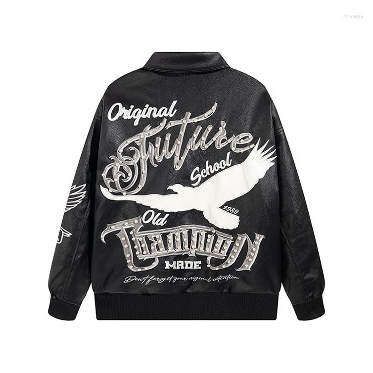 

Men's Jackets 2022 Hiphop Design Winter Eagle Print Baseball Jacket PU Leather Top Men And Women Couple Loose Style, Black