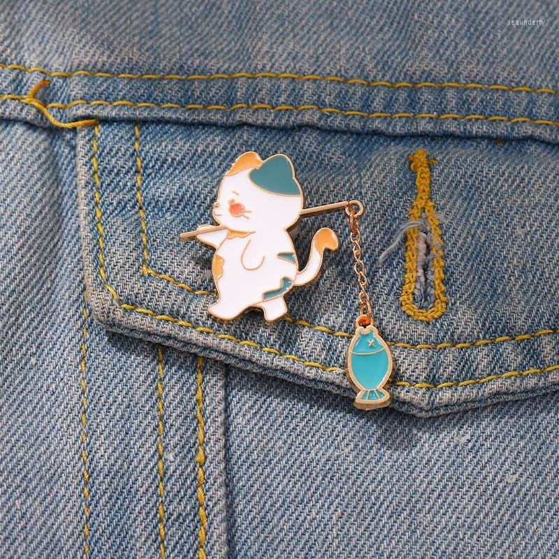 

Brooches Cat Fish Pendent Enamel Pin For Backpack Metal Lapel Badge Kitten Fishing Funny Jewelry Clothes Bag Gift