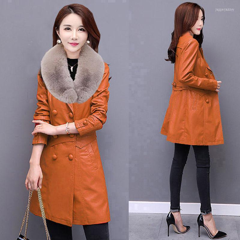 

Women's Leather 2022 Fashion Autumn And Winter Coat Faux Fur Collar High Quality PU Jacket Medium-long Temperament Women's Clothing, Yellow brown
