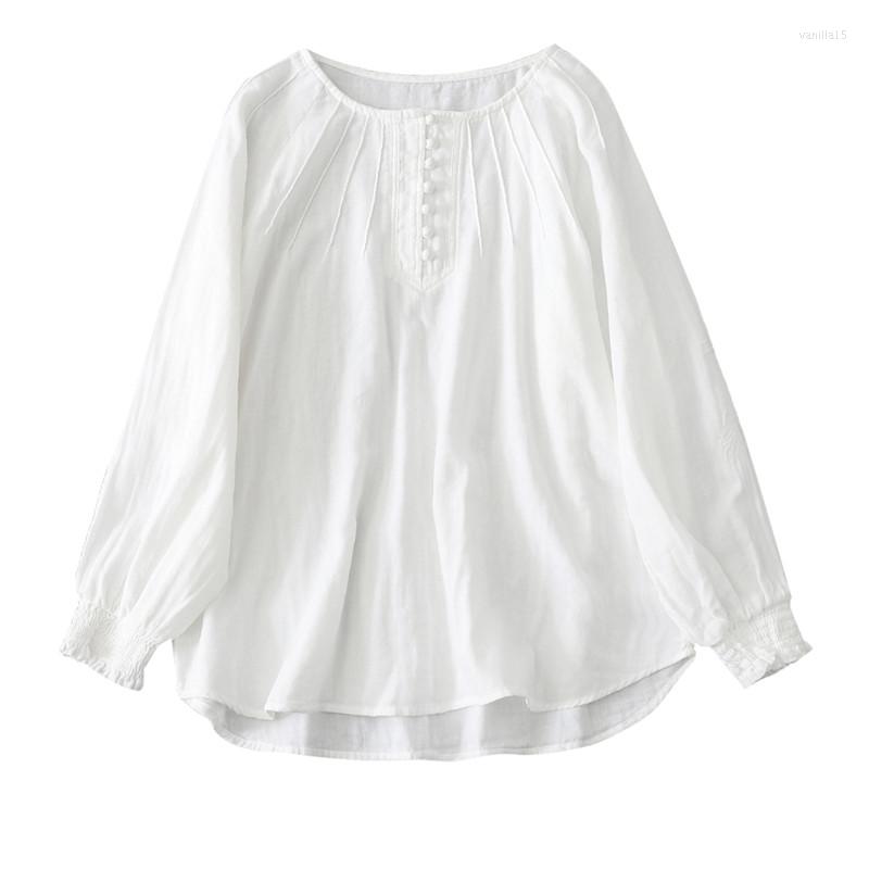 

Women's Blouses FairyNatural Women Unique High Quality O-Neck Pleated Shirts Covered Buttons Long Sleeve Female Cotton Blouse 2022 Spring, White