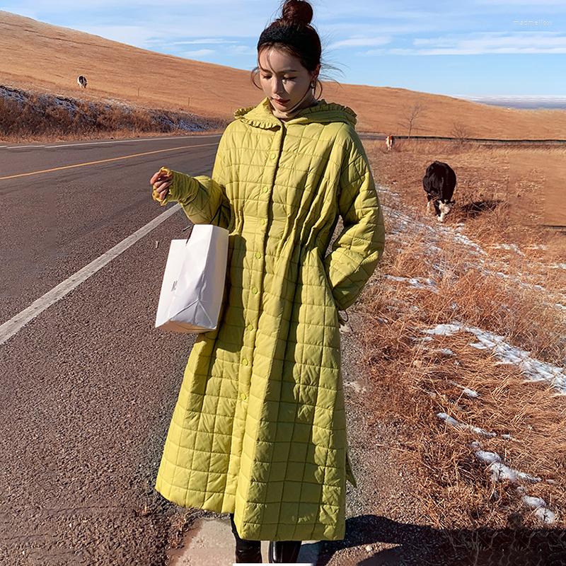 

Women' Trench Coats Woman Winter 2022 Green Hooded Single-breasted Cotton Down Jacket Female Diamond Lattice Classic Simple Casual Cloak