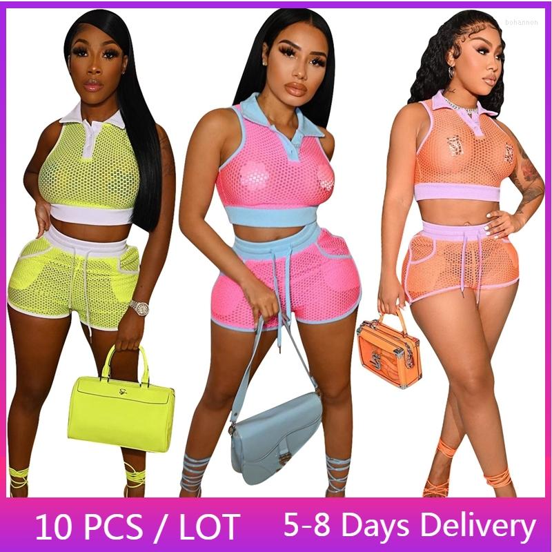 

Women' Tracksuits Wholesale Items Mesh Sexy 2 Piece Set Women Clubwear Color Patchwork Slim Club Outfits For Summer Crop Top And Shorts, Orange