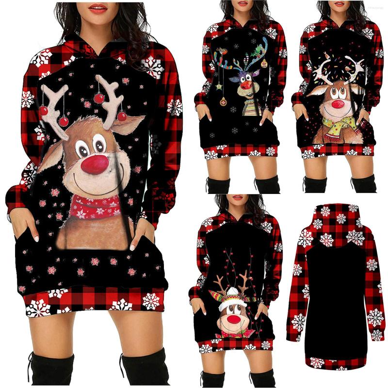 

Women' Hoodies Women Long Sleeve Christmas 2022 Cartoon Deer Snowflake Print Plaid Sweatshirt Spring Autumn Wrapped Hip Hooded Dresses