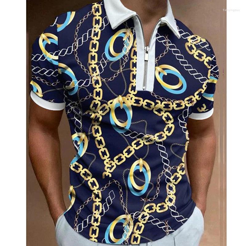 

Men's Polos Fashion Mens Clothes Polo Shirts Casual Turn-Down Collar Zipper Gold Chain Print Short Sleeve Tee Shirt Men Patchwork Tops, Llp152