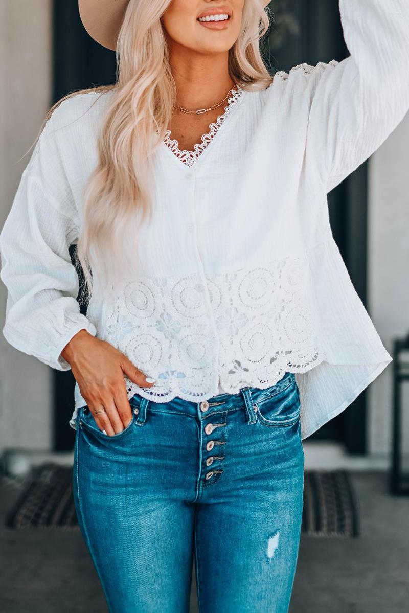 

Women' Blouses White Lace Trim Applique Crinkle Cotton Shirt, Green