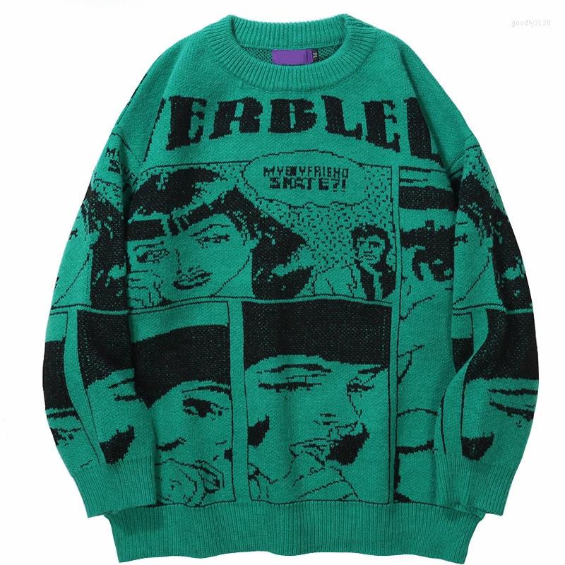 

Men's Sweaters Knitted Sweater Men Hip Hop Streetwear Cartoon Pictorial Girl Print Pullover 2022 Couple Harajuku Cotton Casual Autumn, Green