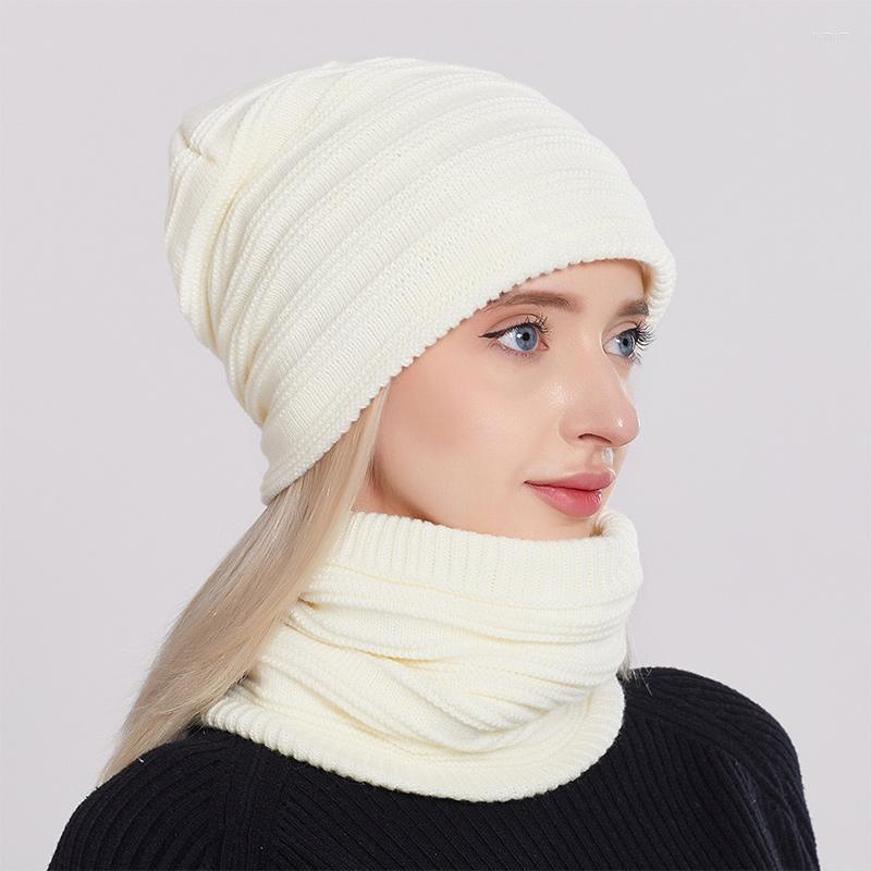 

Berets 2PC Winter Knitted Beanies Hats Women Thick Velvet Warm Skullies Hat Female Knitting Balaclava Bonnet Outdoor Riding Sets, White