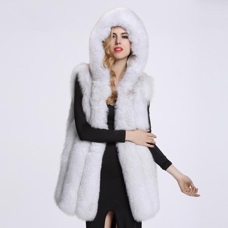 

Women' Fur Savabien High Quality Faux Vest Gilet Hooded Warm Women Coats Fashion Elegant Fake Jacket Festival Streetwear, White