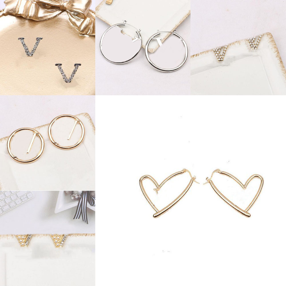 

20style Mixed Simple 18K Gold Plated Luxury V Letters Stud Brand Designers Geometric Famous Women Round Crystal Rhinestone Pearl Earring Wedding Party Jewerlry