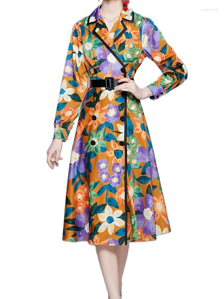 

Women's Trench Coats Temperament Printed Windbreaker Lapel Double-Breasted Lace-Up Waist Long-Sleeved Dress 2022 Autumn Fashion Clothing, The picture color