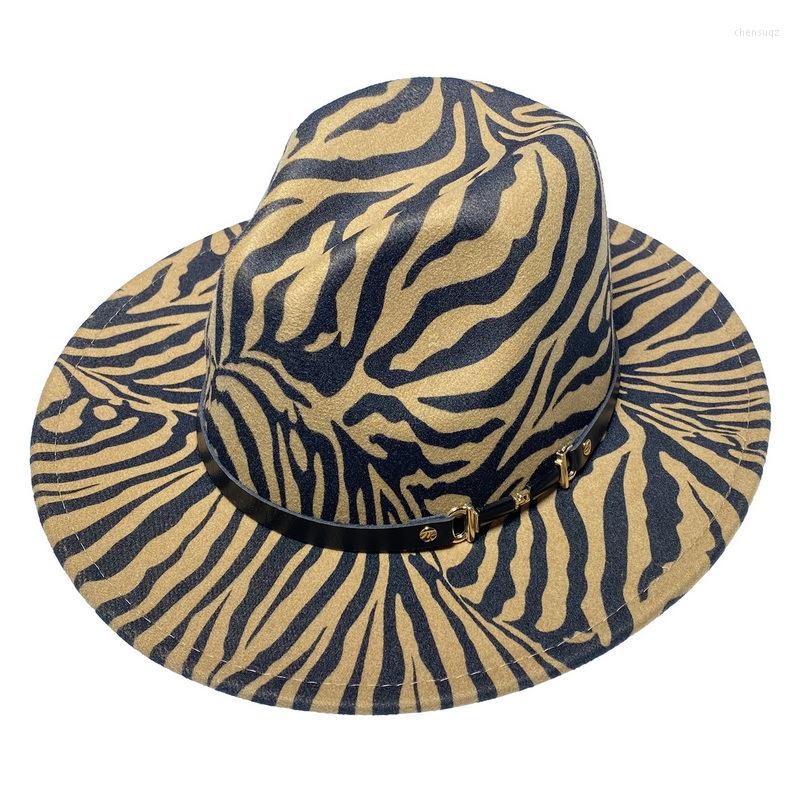 

Berets WZCX Zebra Pattern Personality Belt Women Jazz Hat Fashion Autumn Winter Wide Brim Stripe Unisex Top Felt Cap, 10