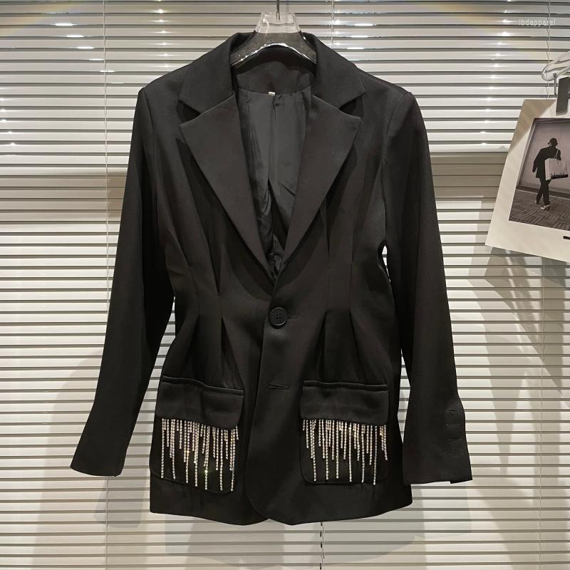 

Women' Suits 2022 Autumn Suit Fashion Casual Hem Rhinestone Chain Waist Temperament Long-sleeved Jacket Women, Black