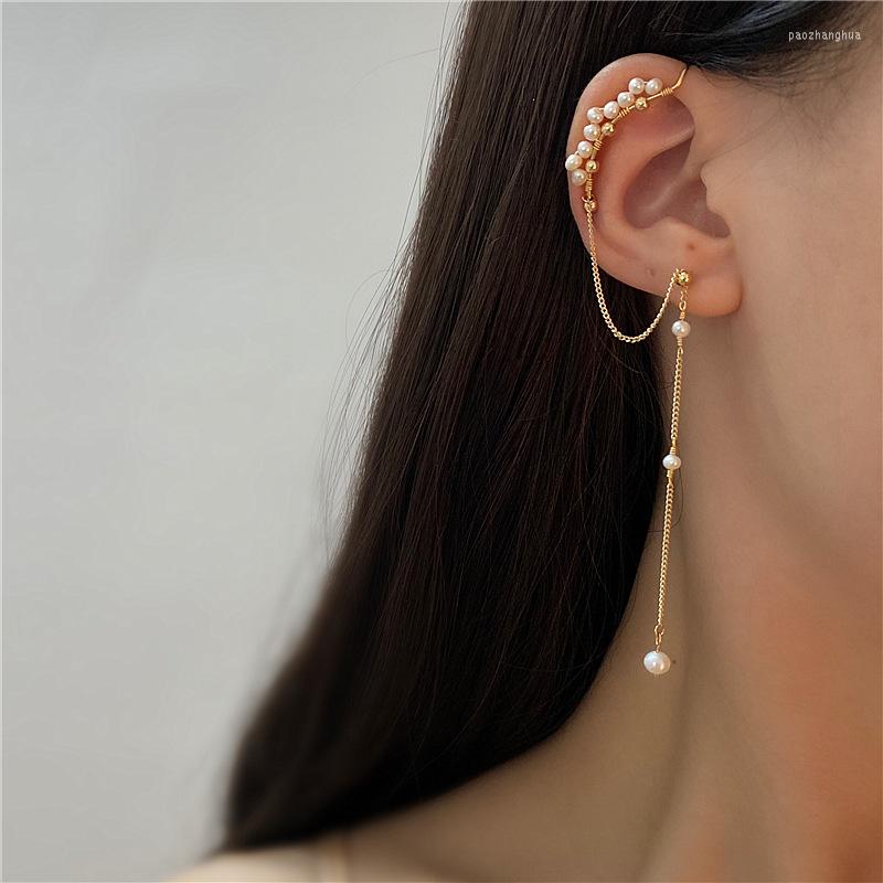 

Backs Earrings ALLME Vintage Single Piece Natural Freshwater Pearl Clip For Women Brass Irregular Geometric Long Tassel Earring