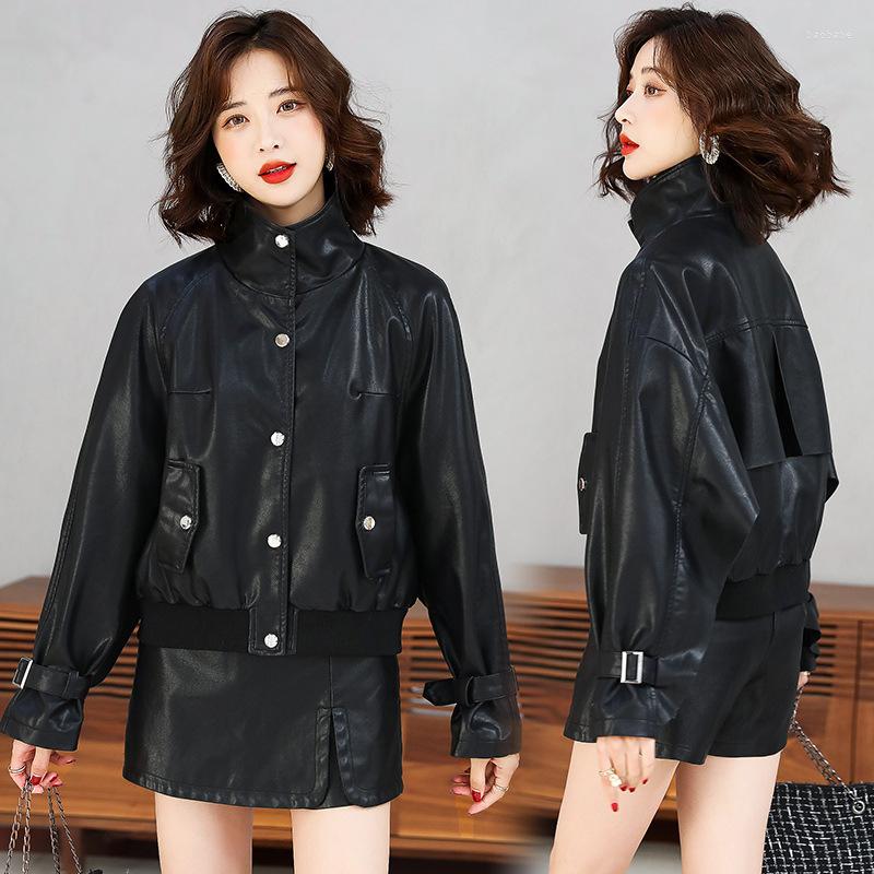 

Women' Leather Short Locomotive Jacket Women' Genuine 2022 European Station Slim Pu Vintage Spring And Autumn, Black