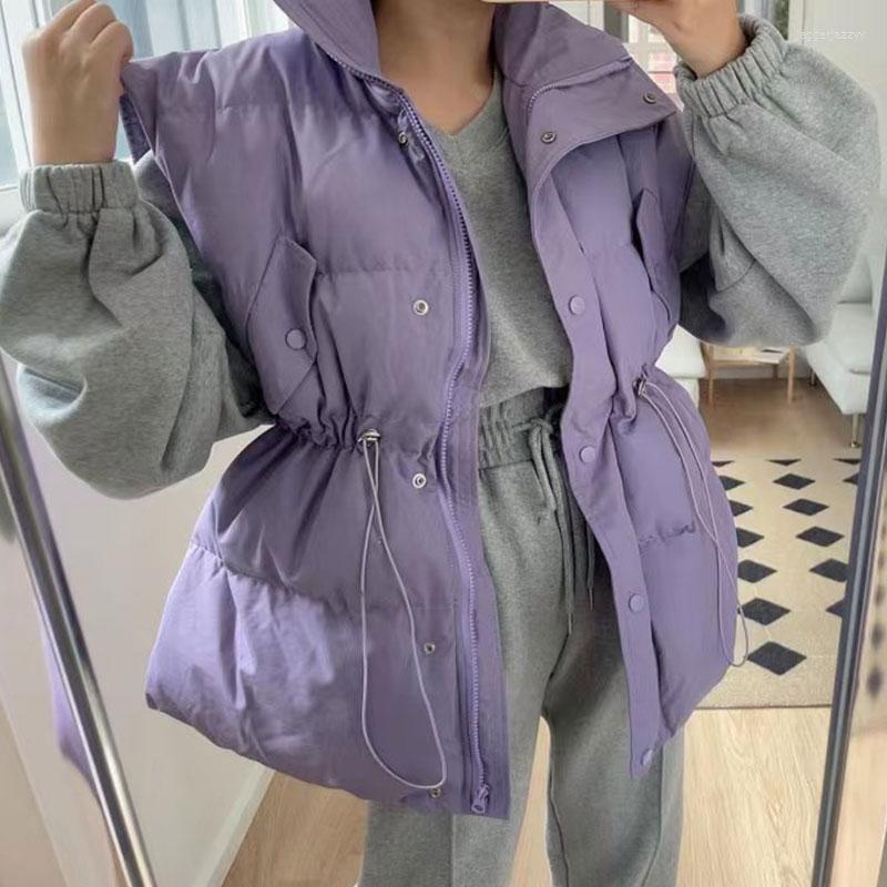 

Women's Vests Clothland Women Elegant Padded Jacket Sleeveless Thick Waistcoat Purple White Drawstring Tie Vest Winter Coat MA68, Black