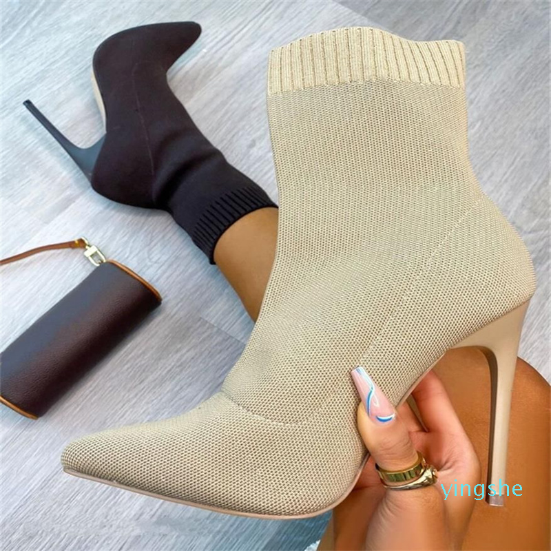 

Sexy Women Winter Sock Boot Knitting Stretch Boots High Heels Pointed Toes for Ladies Fashion Shoes Female Autumn Thin Heel Ankle 266M, Black
