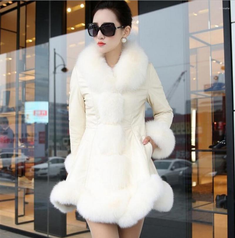 

Women' Fur Elegant Fashion Winter Faux Coat Female Collar Leather Down Jacket Cotton Long Sleeve Slim Warm, Beige