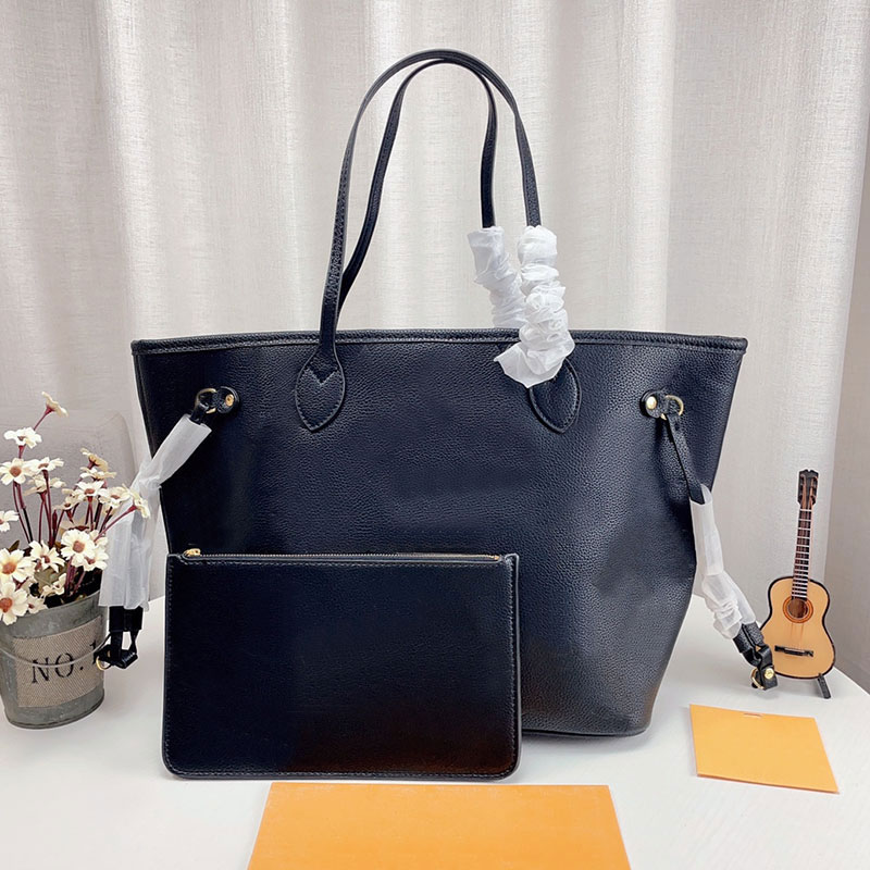 

Shoulder bags Shopping handbags Tote Genuine Leather Large capacity Women bag Handbag purse Two suits Embossing Litchi grain Lady pouch Fashion letters, Black