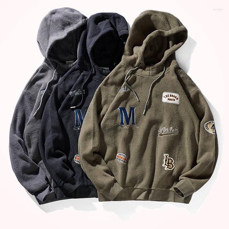 

Men's Hoodies Autumn And Winter Japanese Retro Polar Fleece Pullover Hooded Embroidered Men's Fashion Thick Casual Sports Sweatshirts, Army green