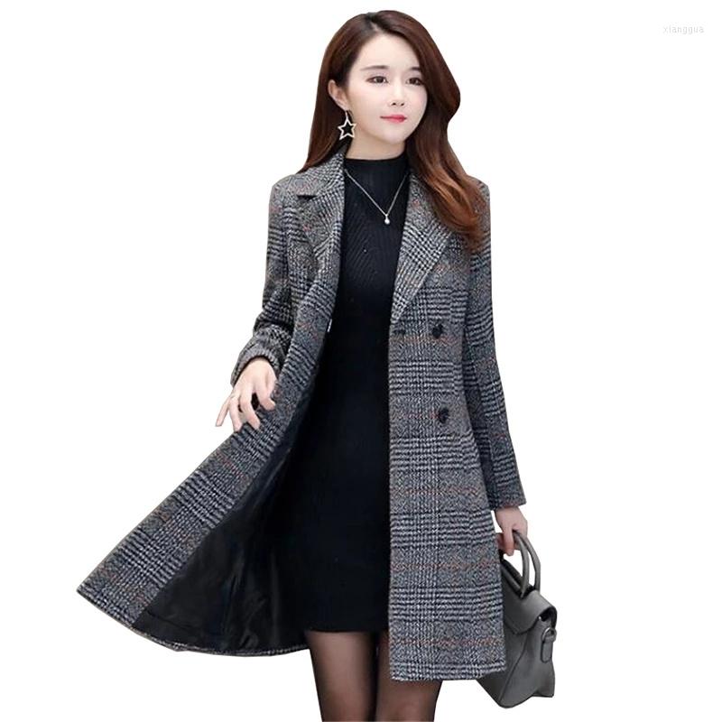 

Women's Wool Autumn Women's Plaid Woolen Coat Mid-length Casual Blazer Female Jackets Double Breasted Outerwear Ladies Jacket Overcoats, Grey