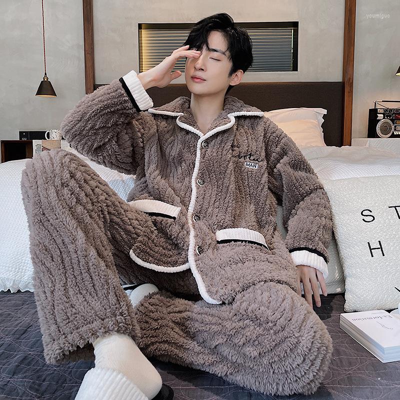 

Men's Sleepwear Coral Fleece Pajamas Suit Button-down Nightgown Winter Warm Pyjamas Home Clothes Men Stripe Long Sleeve, Brown b