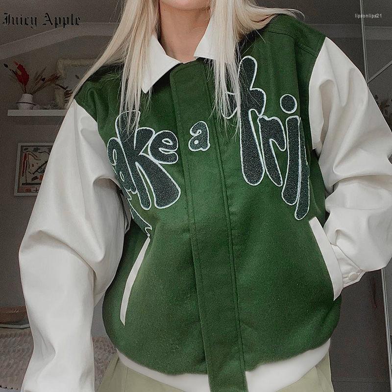 

Women's Jackets Juciy Apple Bomber Woman Varsity Jacket Summer Fashion Baseball Coat Letter Embroidery Contrast PU Bombers Vintage Coats, Order quick delivery
