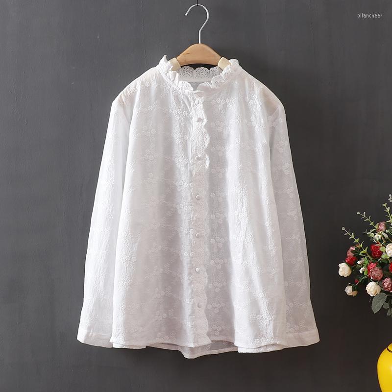 

Women's Blouses FairyNatural Women Ruffled Collar Floral Embroidery Tops Cotton Long Sleeve Single Breasted White Shirts 2022 Spring Autumn