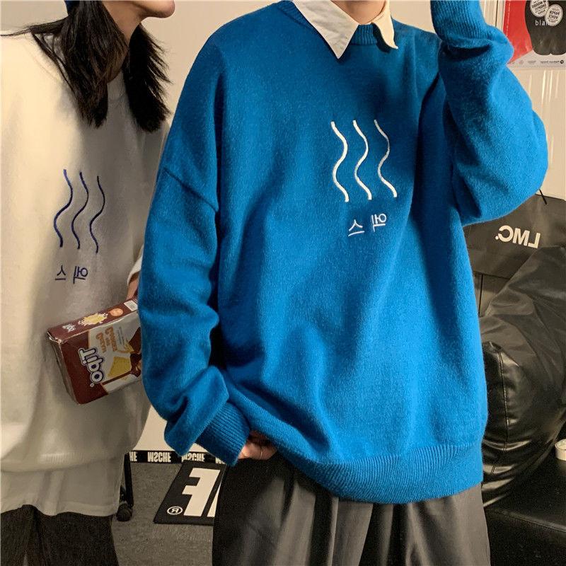 

Men's Sweaters 2022 Winter Men's Soft Blue Color Long Sleeves Loose Coats Embroidery Thickened Pullover Homme Knitting -2XL, Black