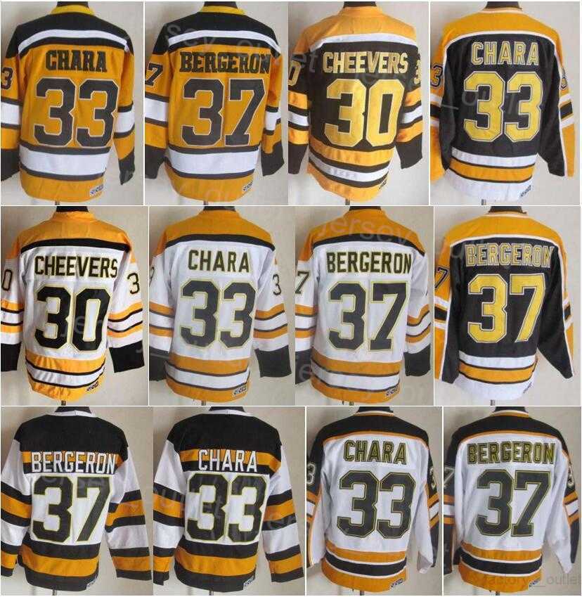 Men CCM Hockey Retro 30 Gerry Cheevers Jersey 33 Zdeno Chara 37 Patrice Bergeron Vintage Classic 75th Anniversary All Stitched Black White Yellow Fo