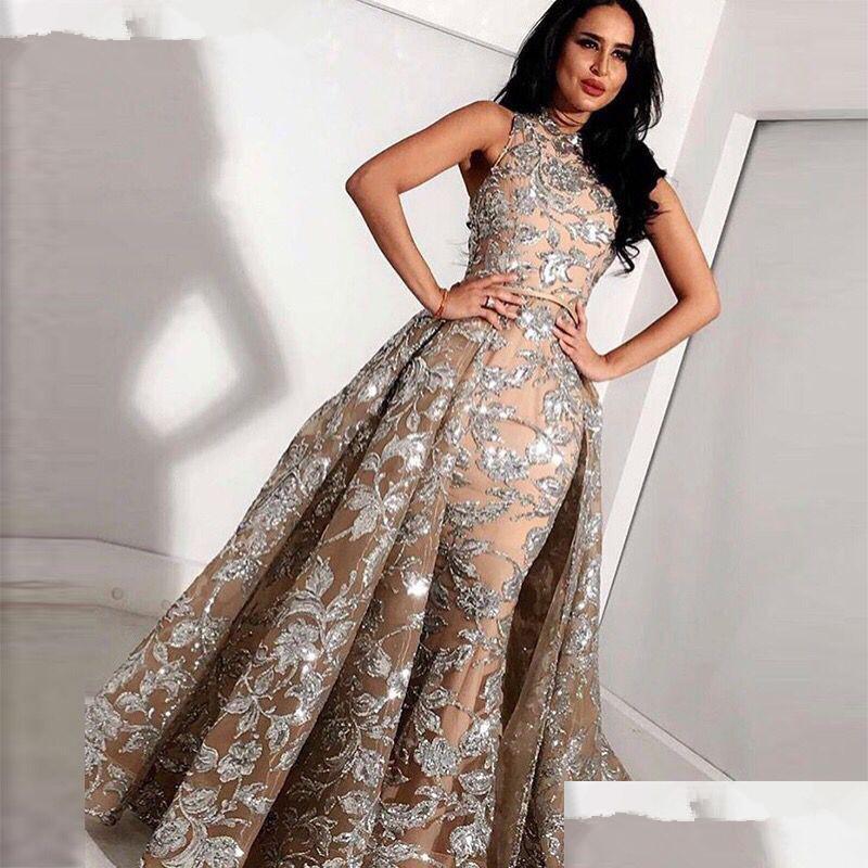 

Prom Dresses Long Grey Champagne Lace Mermaid High Neck Arabic Prom Dresses Kaftan Dubai Formal Evening Gowns With Detachable Skirt Dh3Yw, Gray
