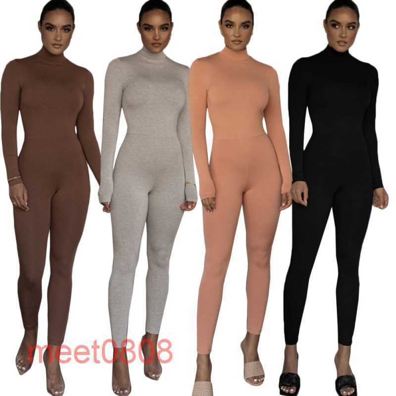 

solid color Jumpsuit Rompers Women Sexy Long Sleeve Jumpsuits Slim Outfits Bodysuit meet0808, Brown