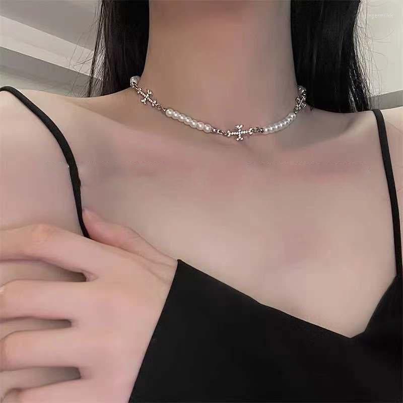 

Choker 2022 Korean Fashion Delicate Crystal Cross Necklaces Vintage Pearl Chains For Girls Women Wedding Engagement Cool Jewelry