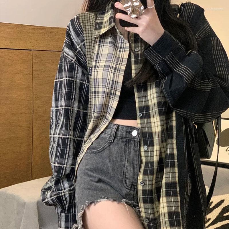 

Women' Jackets Shirt Cardigan Casual All-match High Street Retro Stitching Hit Color Plaid Top Thin Coat Student Trendy Spring And Summer, Black