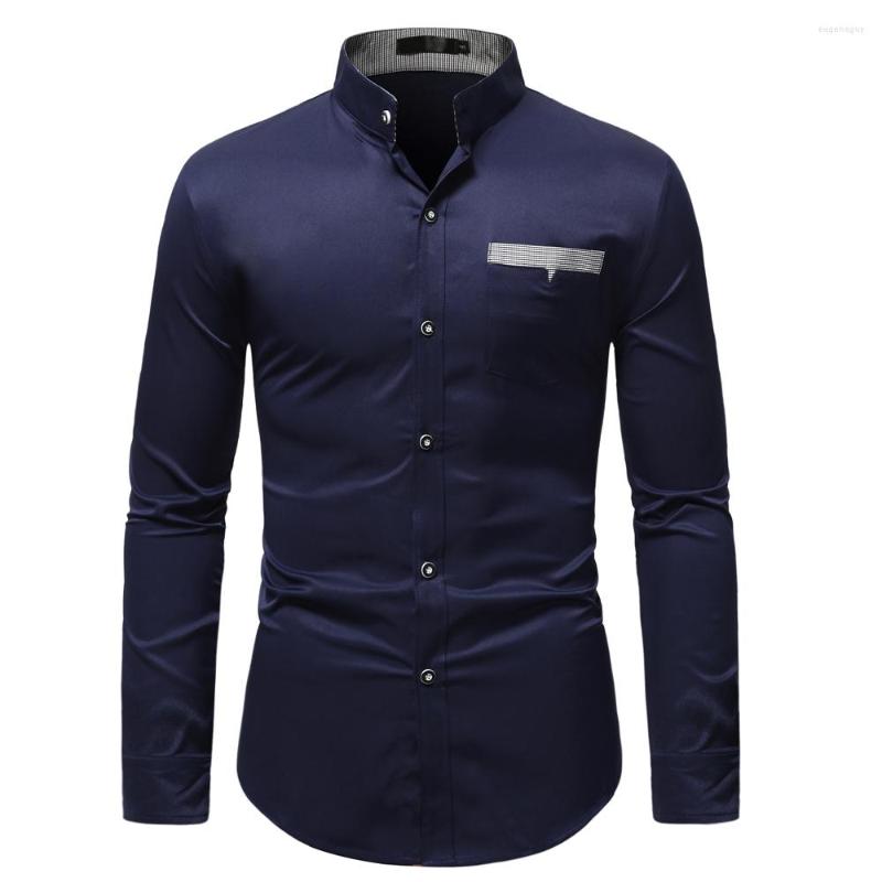 

Men' Dress Shirts 2022 Fall Men' Long Sleeve Formal Business Wear Hawaiian Fashion Frame Collar T-Shirt Buttons, Navy blue