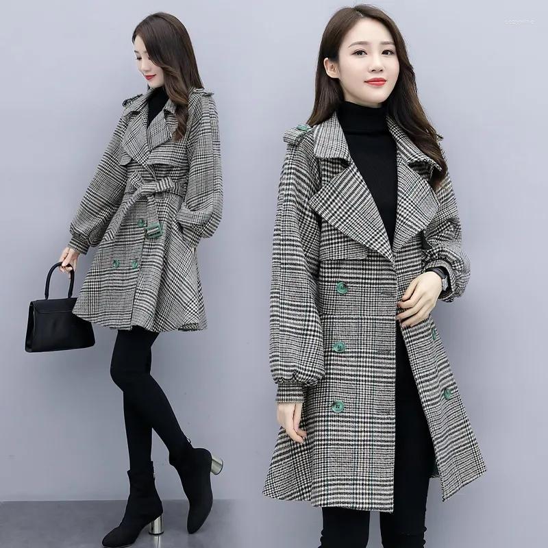 

Women's Wool 2022 Spring Autumn Women Woolen Jacket Fashion Korean Plaid Pocket Mid Long Slim Elegant Female Outerwear Tops R1812, Lange